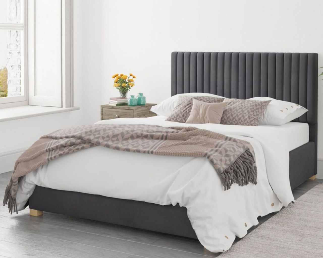 Piccadilly King Size Ottoman Bed in Grey Velvet