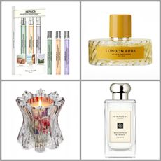 product collage of Maison Margiela Replica Fresh & Floral Travel Spray Set, jo Malone English Pear and Freesia Cologne, Vilhelm Parfumerie London Funk Eau de Parfum, 100 mL, Bond No. 9 New York Flowers Refillable Candle Set on white background with grey border