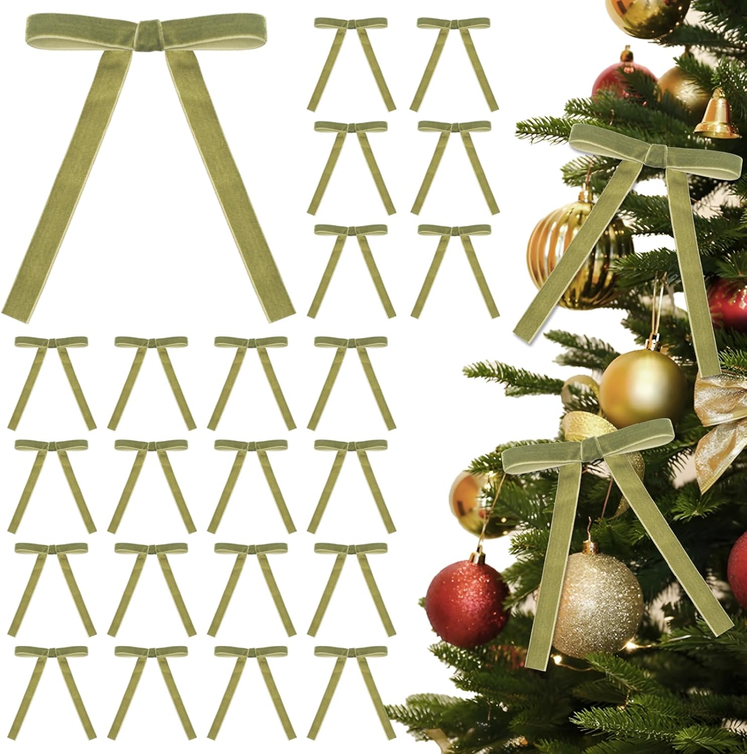 Green Velvet Bows for Christmas Tree, Olive Green Decorative Christmas Bows for Crafts, 24 Pcs Premade Mini Bow Ornaments for Holiday Decor, Wreaths, Garland, Gift Wrapping - 5/8&#039;&#039; Wide, 5 &amp;times; 7 Inch