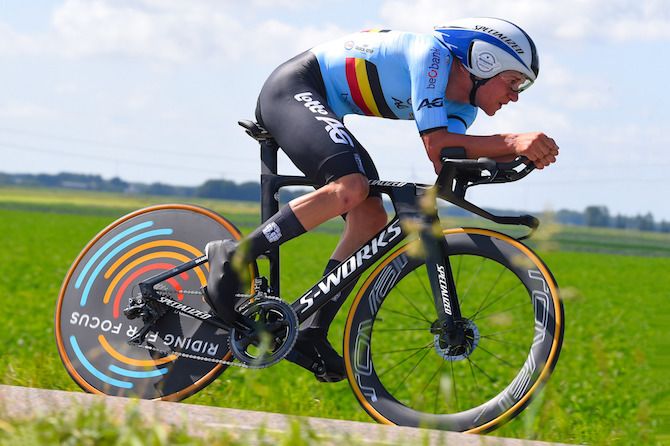 Belgium's Remco Evenepoel en route to winning the elite men's time trial at the 2019 UEC Road European Championships