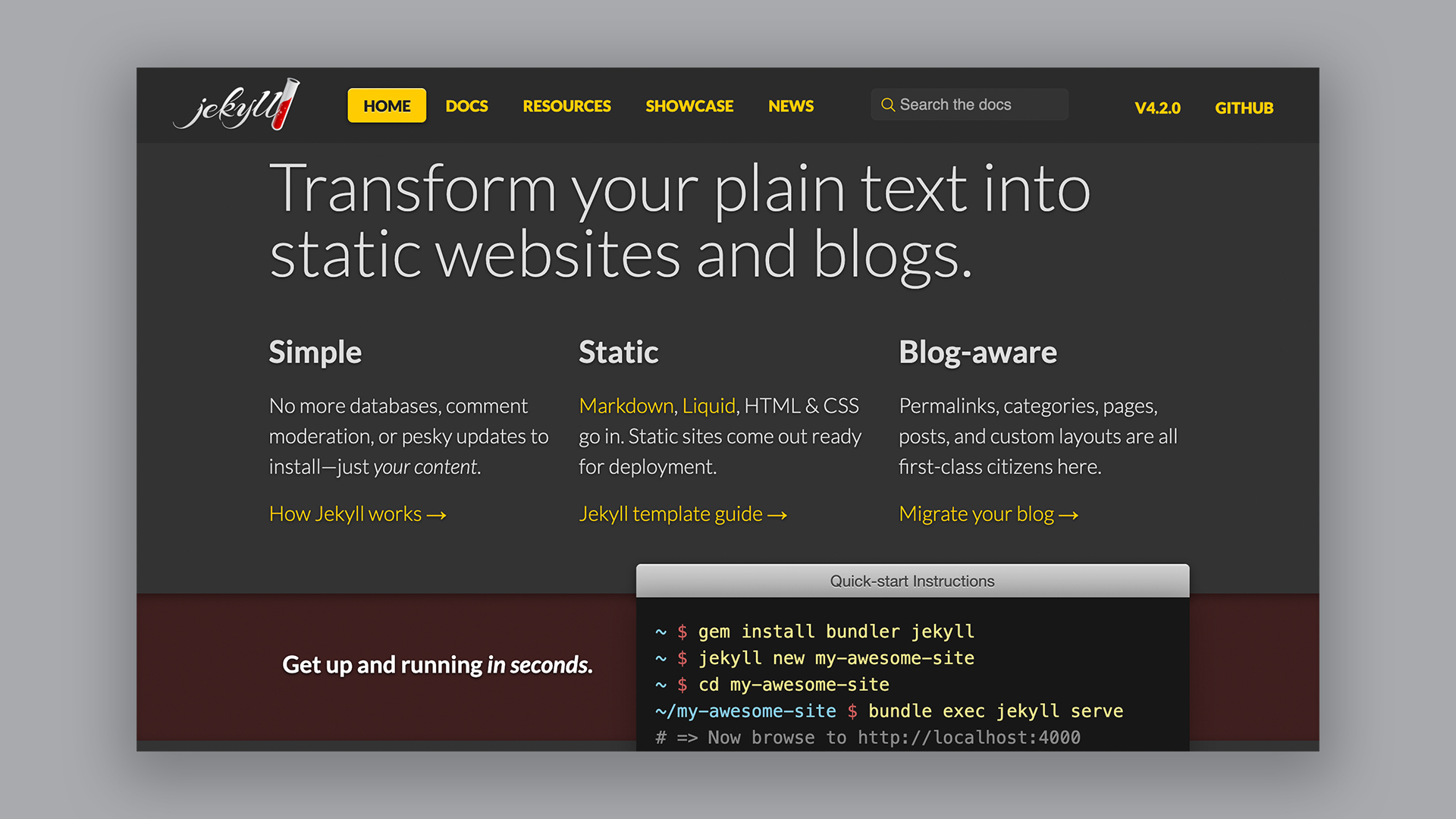 Homepage of Jekyll, one of the best blogging platformss, with the headline 'Transform your plain text into static websites and blogs''