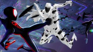 Spider-Man Across the Spider-Verse_Spider-Man fighting a goon in a white suit.