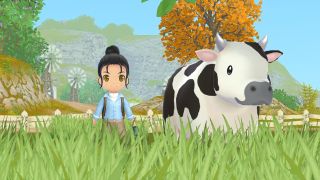 Story of Seasons: A Wonderful Life - a player stands in a pasture full of grass beside their spotted cow