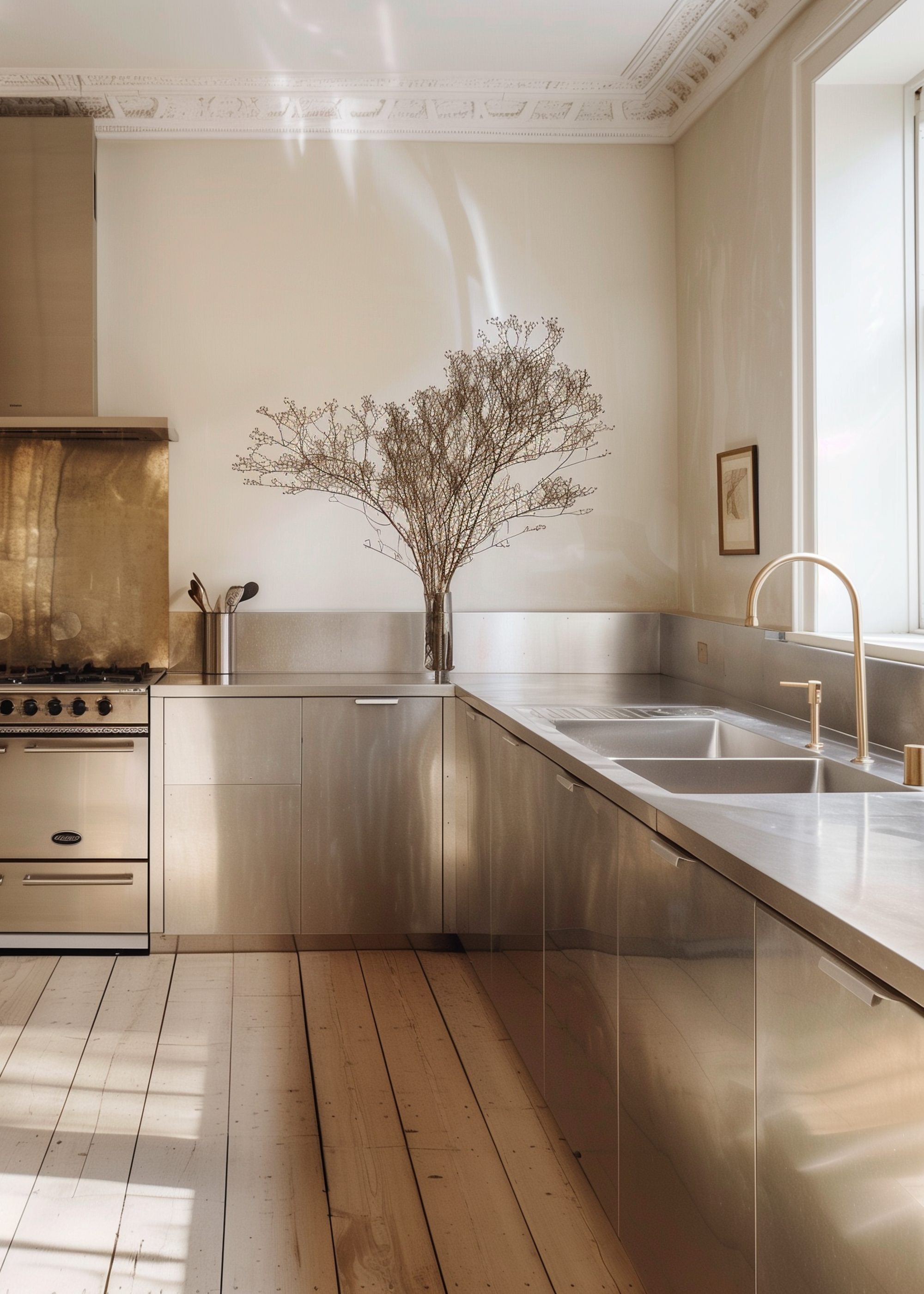 A kitchen with wooden flooring and stainless steel cabinets and countertops