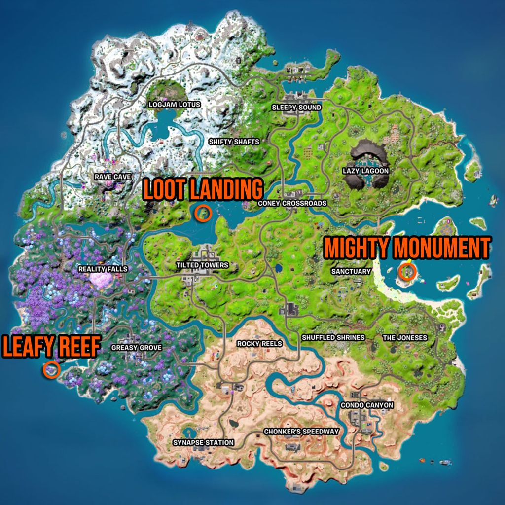 Fortnite Leafy Reef, Mighty Monument, and Loot Landing locations