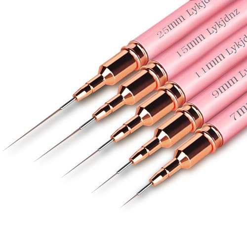 5pcs Nail Art Liner Brushes, Liner Brush for Nails Gel, Painting Art Design Brush Set Nail Dotting Drawing Tool for Long Lines, Thin Details, Fine Drawing Sizes 7/9/11/15/25 Mm (pink)
