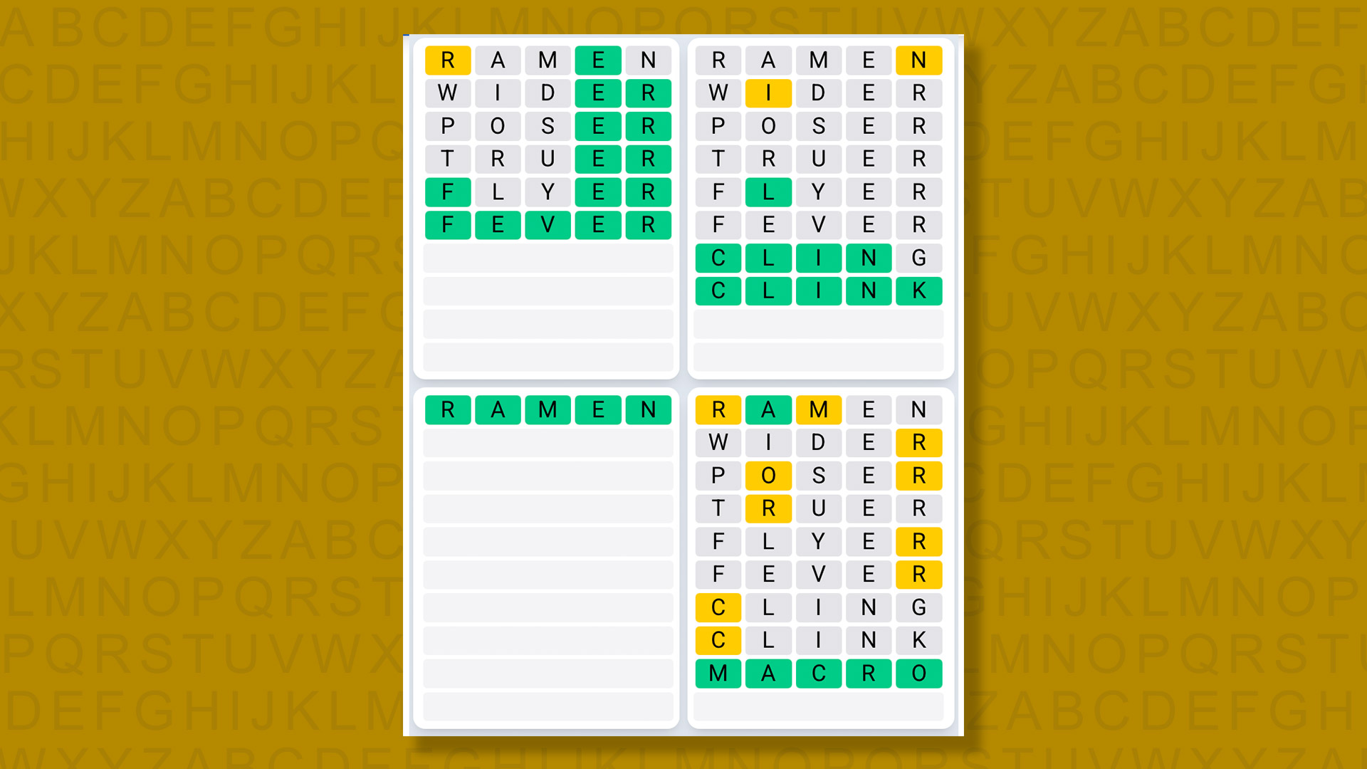 Quordle Daily Sequence answers for game 1581 on a yellow background