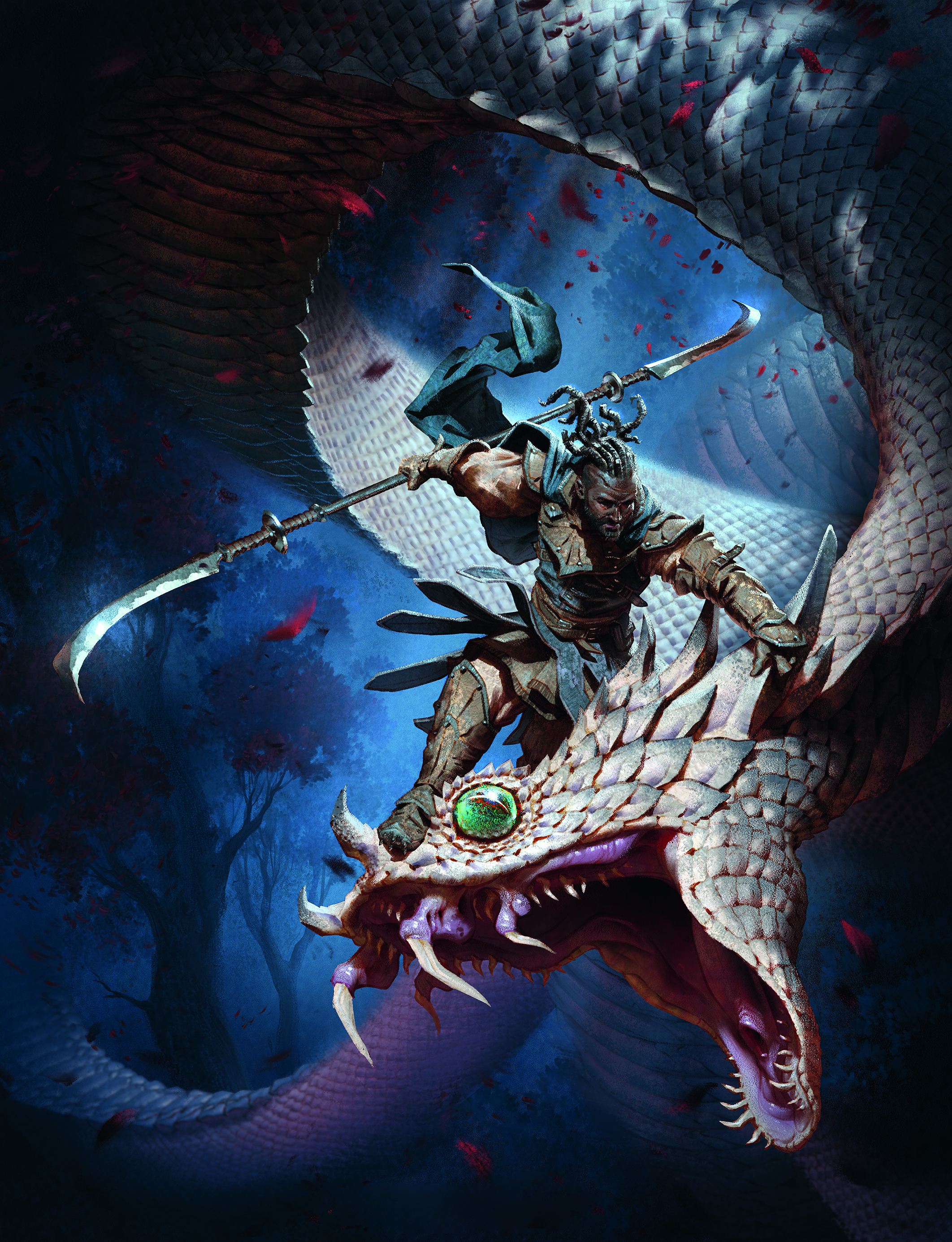 Digital art showing a warrior and a dragon