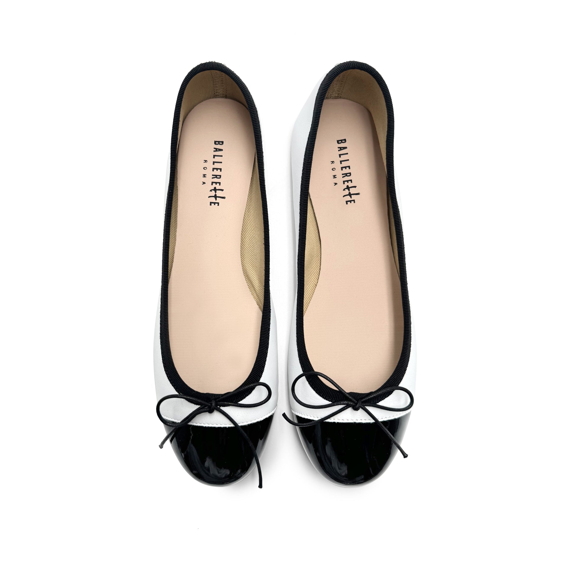White Leather Ballet Flats With Black Patent Toe - Us5 - It35