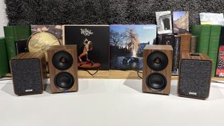 Ruark MR1 Mk3 and Cambridge L/R S speakers side-by-side on white table