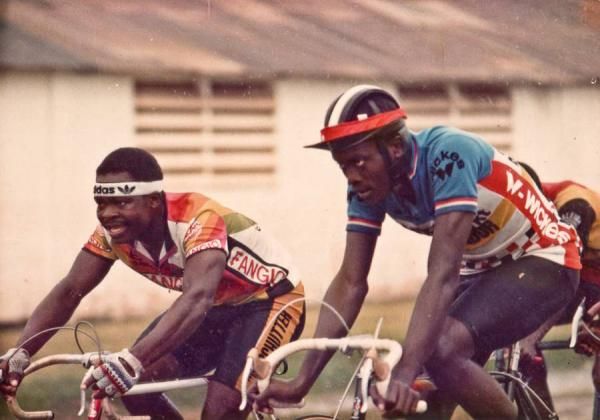 Saka (front) pushes the pace in the 1986 Beninese Independence Day Road Race.