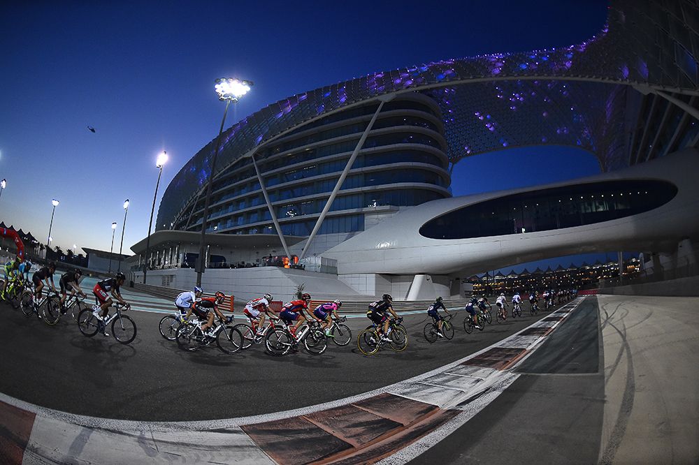 The Abu Dhabi peloton in action at the Yas Marina Formula One track.