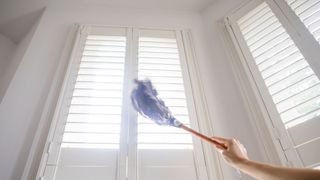 a person dusting plantation shutters up high
