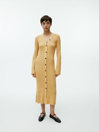 Button-Front Ribbed Dress
