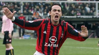 PALERMO, ITALY - FEBRUARY 26: Filippo Inzaghi of Milan reacts after scoring the first goal during the Serie A match between Palermo and AC Milan at the Renzo Barbera stadium on February 26, 2006 in Palermo, Italy. (Photo by New Press/Getty Images)