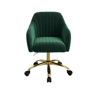 A dark green velvet task chair with gold legs and black wheels