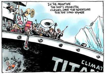 Political cartoon U.S. G20 summit Trump climate change Titanic