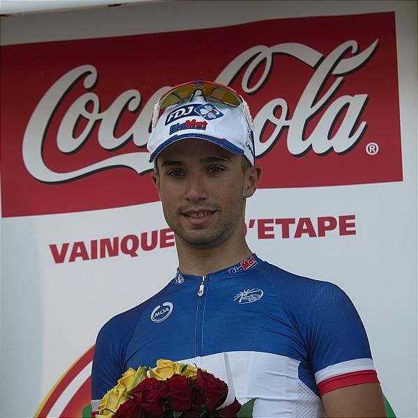 Nacer Bouhanni (FDJ-Big Mat) on the podium following his opening stage victory.