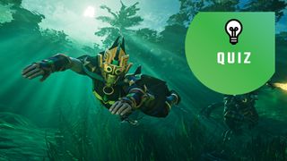 Enshrouded player swimming away from an enemy. The PC Gamer quiz logo is in the top right corner.