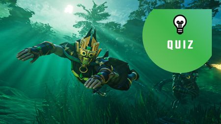 Enshrouded player swimming away from an enemy. The PC Gamer quiz logo is in the top right corner. 