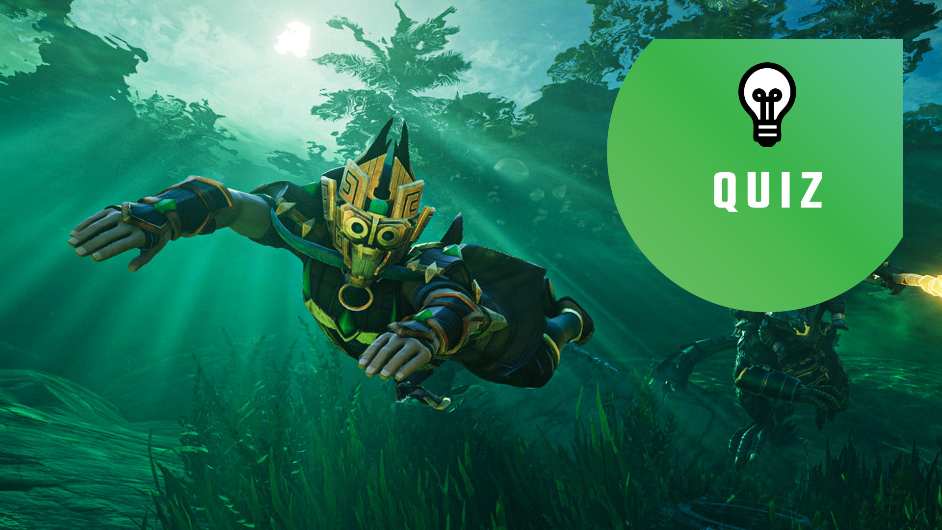 Enshrouded player swimming away from an enemy. The PC Gamer quiz logo is in the top right corner. 