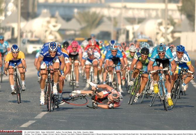 Tom Steels goes down in the sprint ons tage 2 of the 2007 Tour of Qatar
