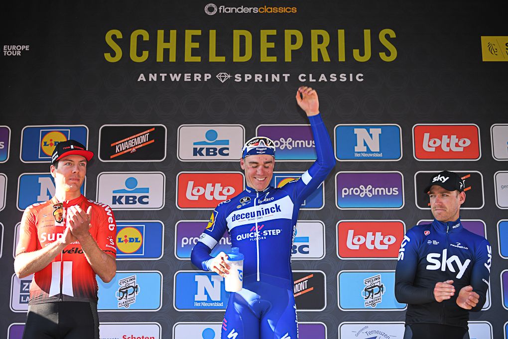 Maximilian Walscheid (Team Sunweb), Fabio Jakobsen (Deceuninck-QuickStep) and Christopher Lawless (Team Sky) on the 2019 Scheldeprijs podium