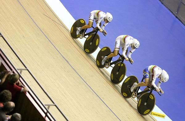 The British women's pursuit team en route to a gold medal and the world record for 3,000m