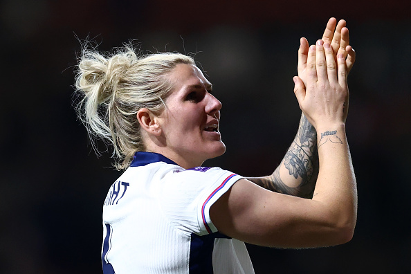 BRISTOL, ENGLAND - APRIL 04: Millie Bright of England applauds the fans after the UEFA Women&#039;s Nations League 2024/25 Grp A3 MD3 match between England and Belgium at Ashton Gate on April 04, 2025 in Bristol, England. 