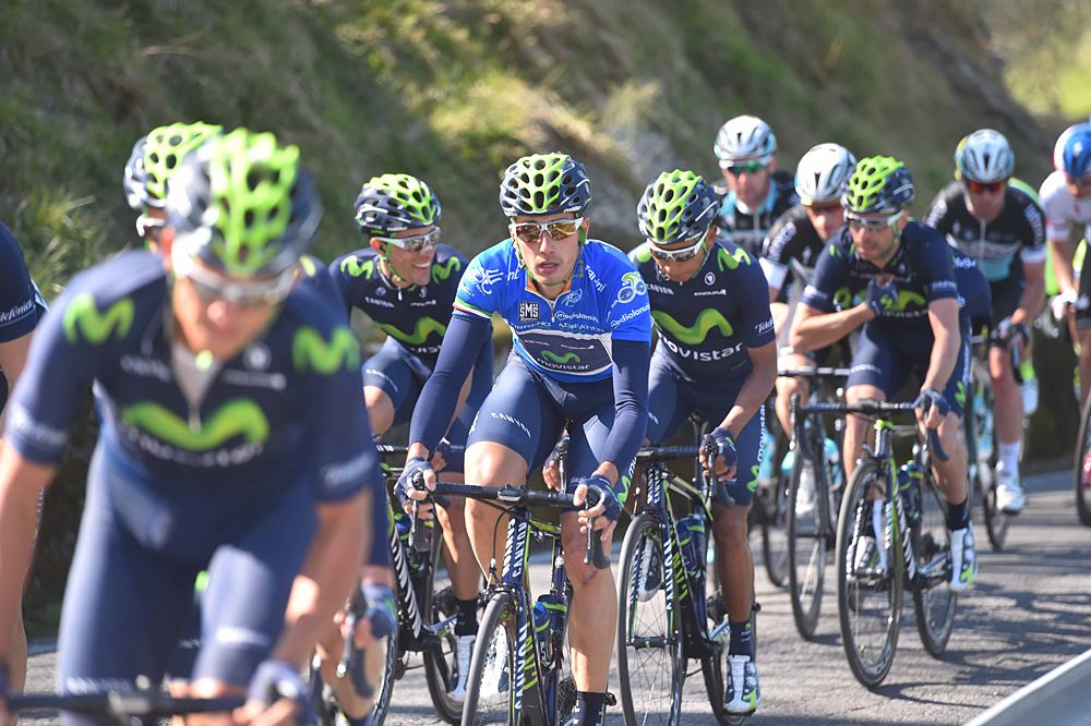 Adriano Malori (Movistar) wears the blue leader's jersey