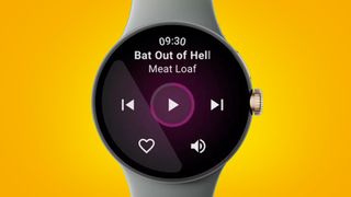 Eine Smartwatch mit Google Wear OS auf einem orangefarbenen Hintergrund