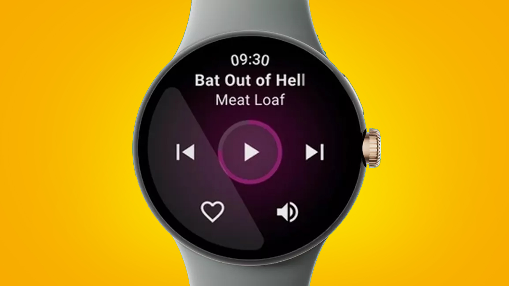 A smartwatch on an orange background showing Google Wear OS