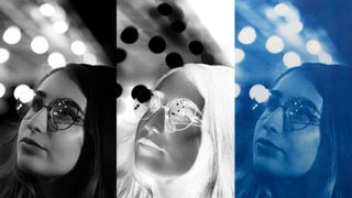 Three images: The original mono photograph, the negative, and the blue cyanotype 