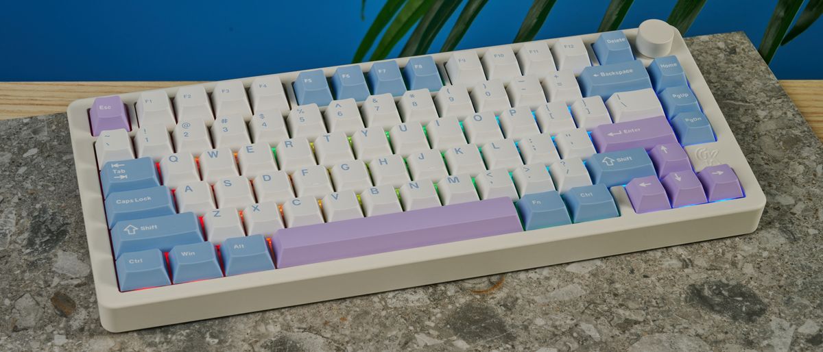 A pink, blue and white Gamakay TK75 Pro wireless mechanical keyboard with hot-swappable linear switches