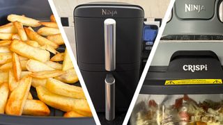 Split image of two Ninja air fryers, and golden fries cooked inside air fryer