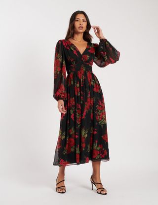 Black Floral Anya Midi Dress