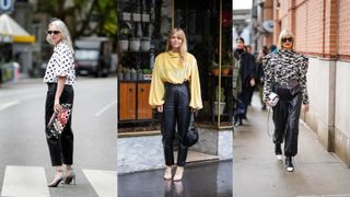street style influencers showing what to wear to a concert leather pants and blouse