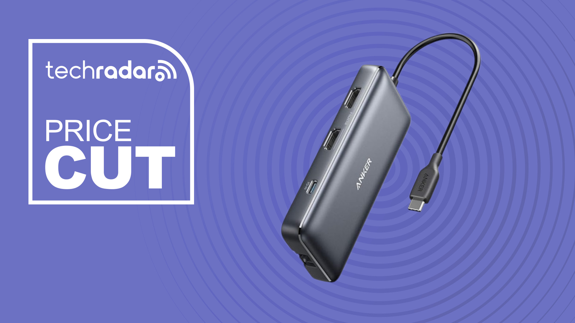 Anker 8-in-1 USB hub on a purple background next to a TechRadar badge reading 'Price Cut'