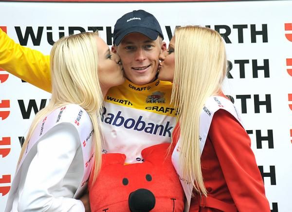 Race leader Robert Gesink (Rabobank) celebrates another day in yellow.