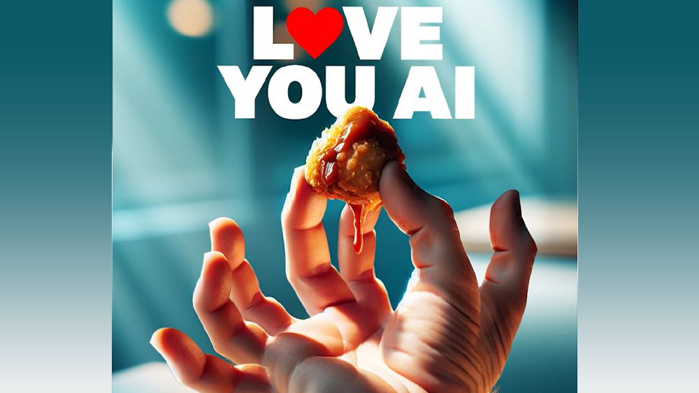 An AI-generated image of a hand with lots of fingers and a chicken nugget. Text reads &#039;love you AI&#039;