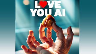 An AI-generated image of a hand with lots of fingers and a chicken nugget. Text reads 'love you AI'