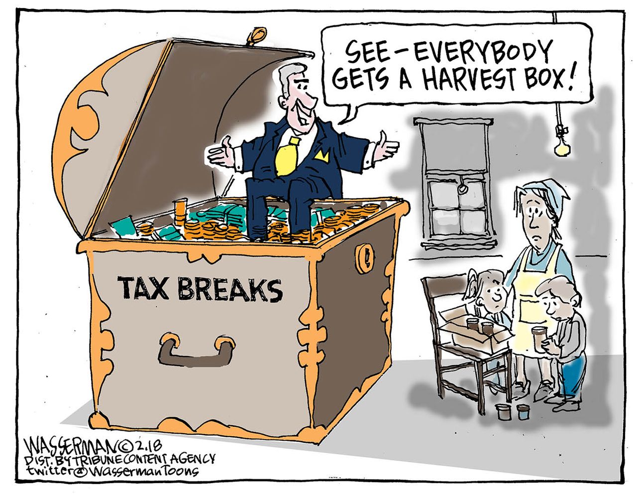 Political cartoon U.S. Trump harvest box tax cuts wealthy