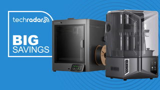 An Elegoo Centauri Carbon and Saturn 4 Ulta 16K 3D printers on a blue background next to a TechRadar badge reading 'Big savings'