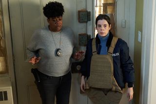 Pictured: (L-R) Adrienne C. Moore (Detective Kelly Duff), Meredith MacNeill (Detective Samantha Wazowski)