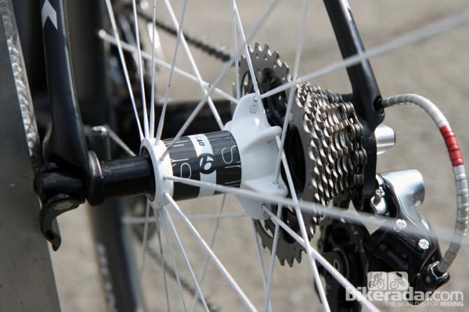 The Bontrager Aeolus 5 D3 rear hub features a 'stacked' driveside spoke flange.