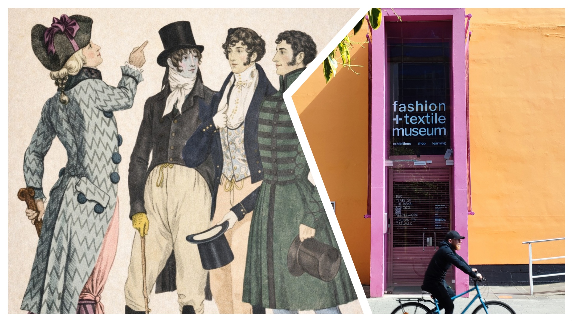 A drawing of men from the Cosprop Presents: 50 Years of Menswear (1785-1835) and someone cycling past the Fashion and Textile Museum