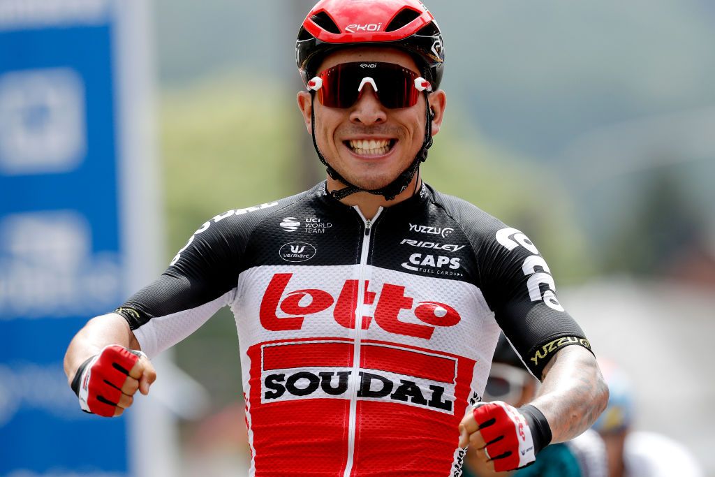 HAMOIR BELGIUM JUNE 12 Caleb Ewan of Australia and Team Lotto Soudal celebrates at arrival during the 90th Baloise Belgium Tour 2021 Stage 4 a 1527km stage from Hamoir to Hamoir baloisebelgiumtour on June 12 2021 in Hamoir Belgium Photo by Bas CzerwinskiGetty Images