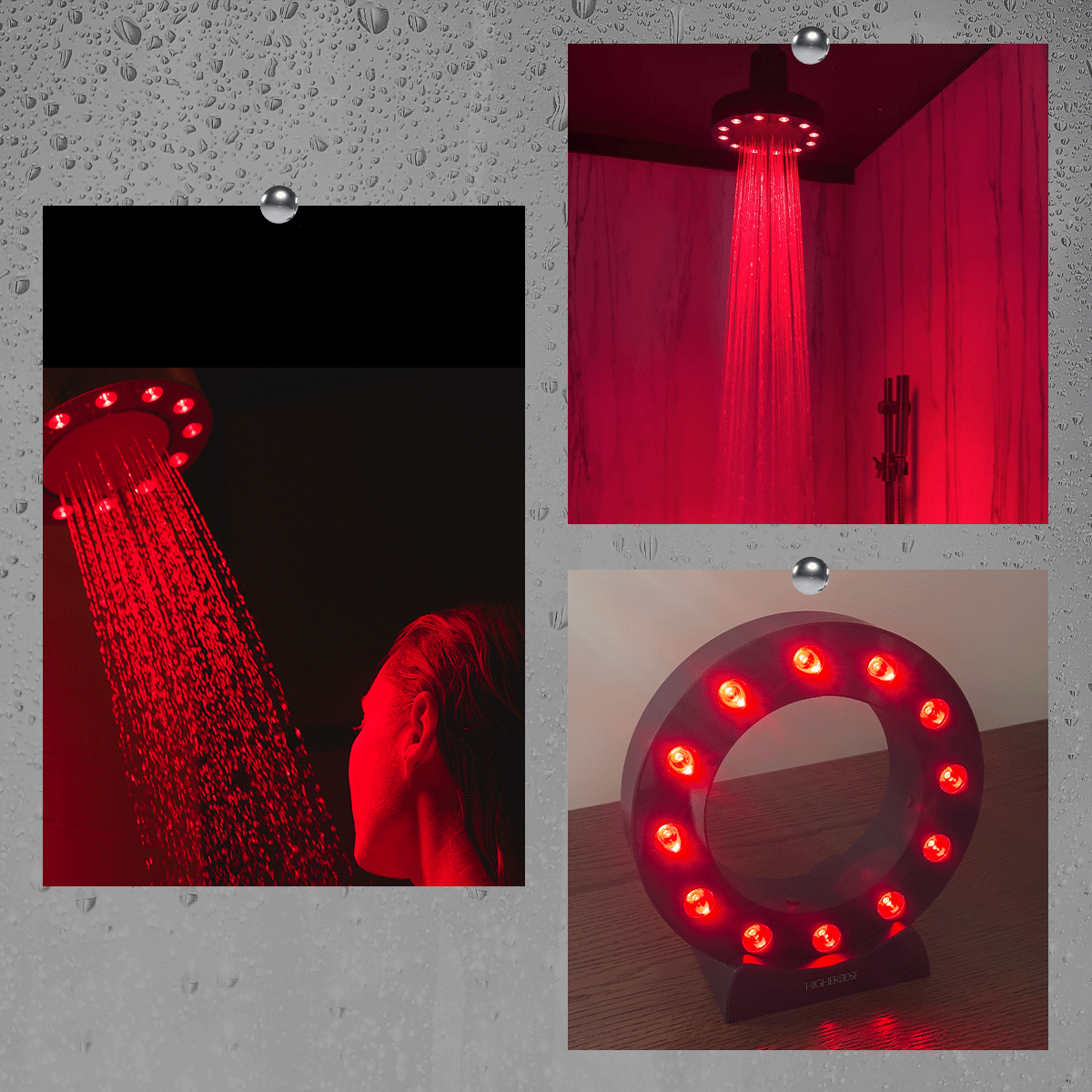 Photo collage of Jamie Schneider testing HigherDose's new Red Light Showerhead Filter 