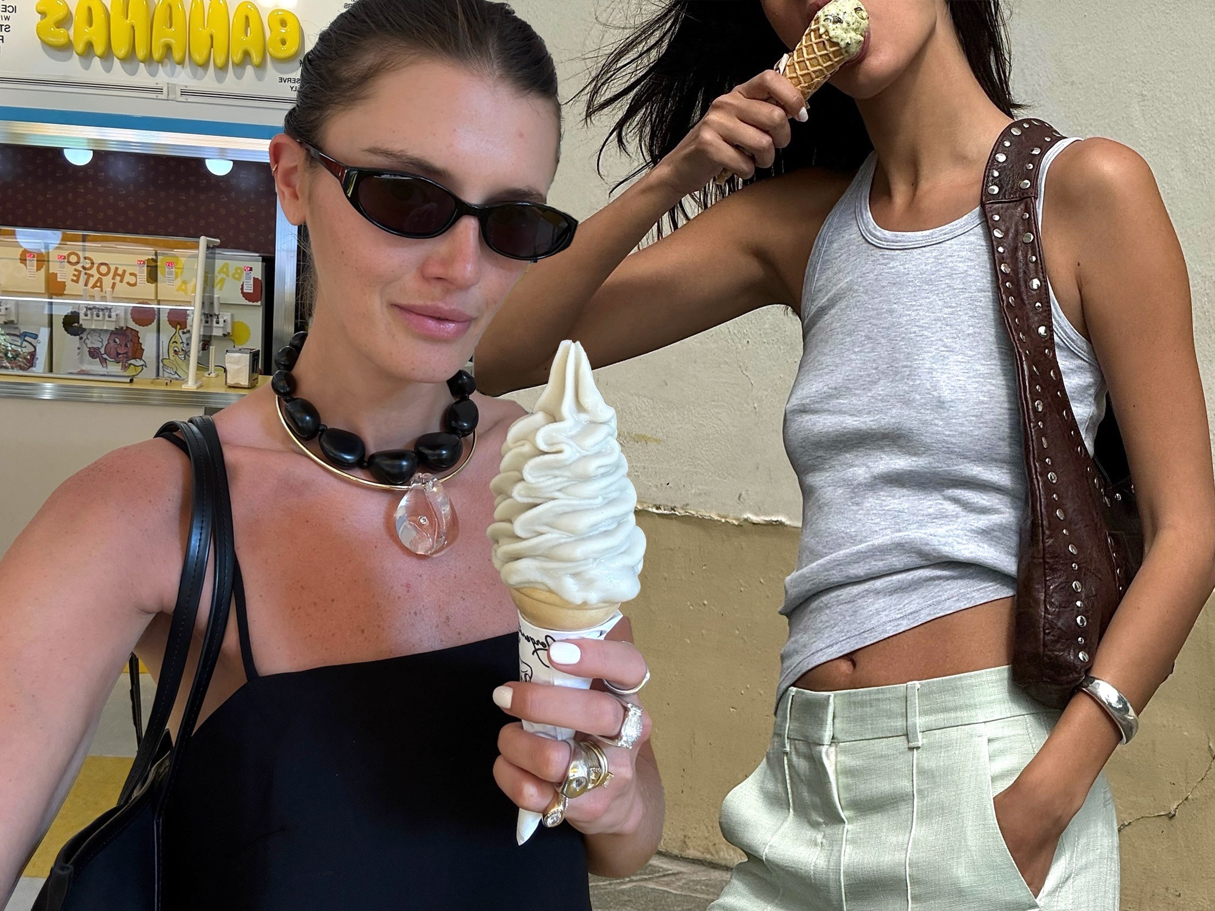 style collage of influencers Coco Schiffer and Salome Mory eating ice cream cones wearing chic outfits with details like a statement pendant necklace, a studded bag, and other basics