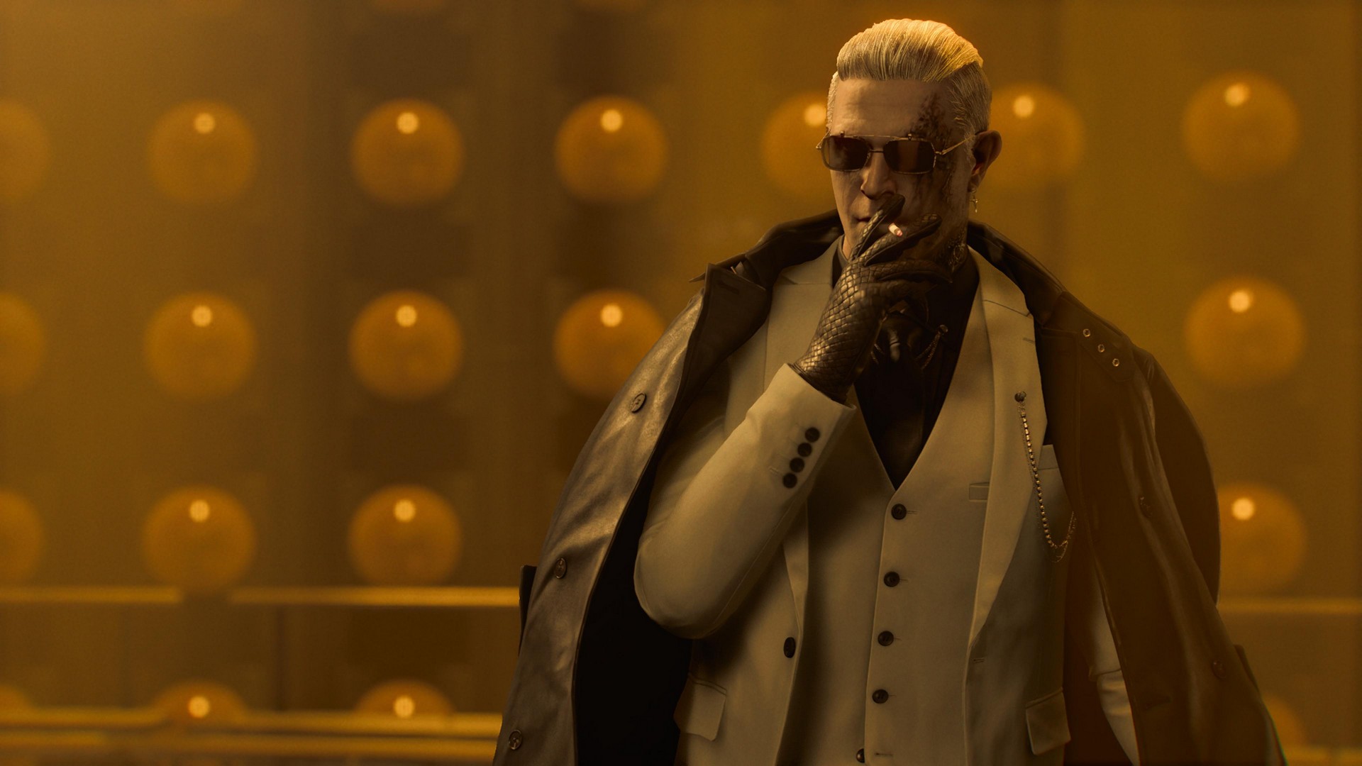 Zeno, possibly a Wesker clone, smokes a cigarette within ARK in Resident Evil Requiem, surrounded by dark orange orbs